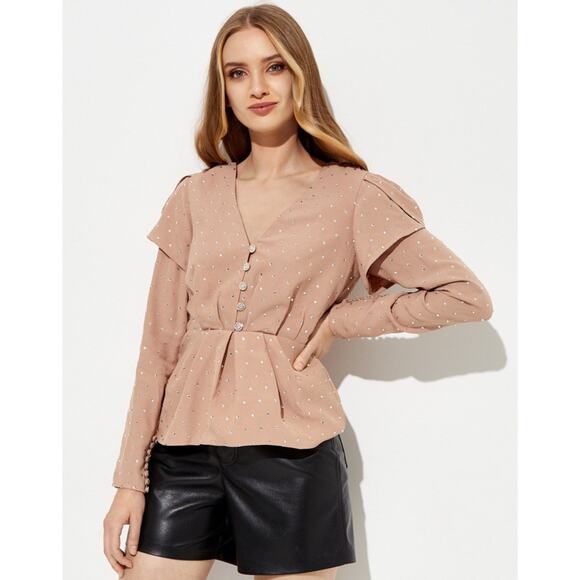 Self-Portrait Tops - Self Portrait Blush Pink Crystal Button Crepe Blouse Peplum Long Sleeve sz 4